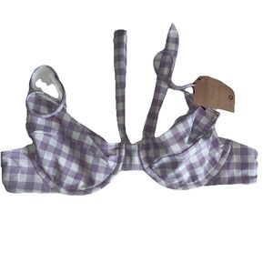 Skatie swimsuit top bikini M purple check ginham swim beach preppy NWT